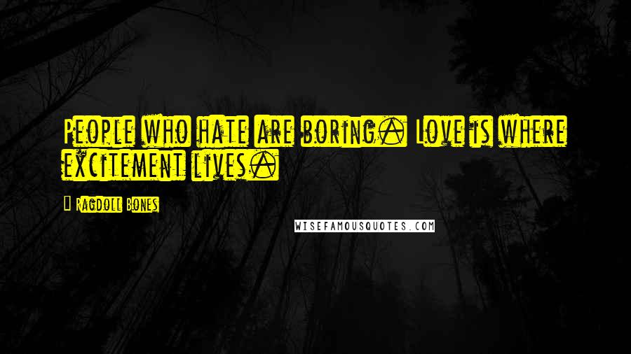 Ragdoll Bones Quotes: People who hate are boring. Love is where excitement lives.