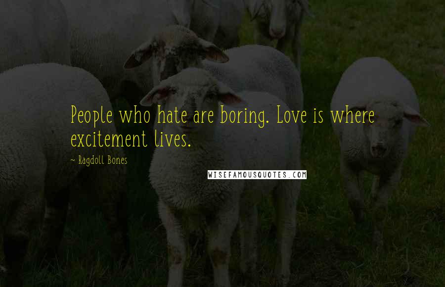 Ragdoll Bones Quotes: People who hate are boring. Love is where excitement lives.