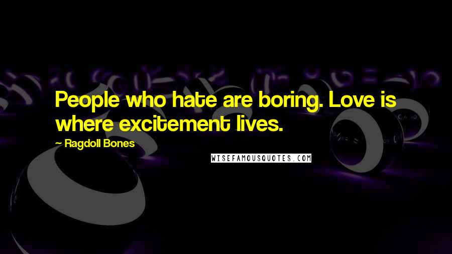 Ragdoll Bones Quotes: People who hate are boring. Love is where excitement lives.