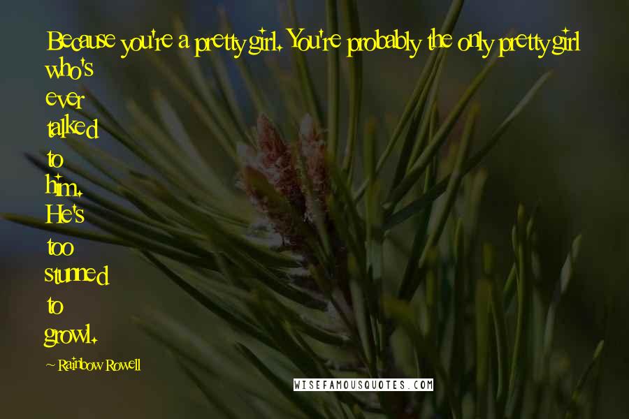 Rainbow Rowell Quotes: Because you're a pretty girl. You're probably the only pretty girl who's ever talked to him. He's too stunned to growl.