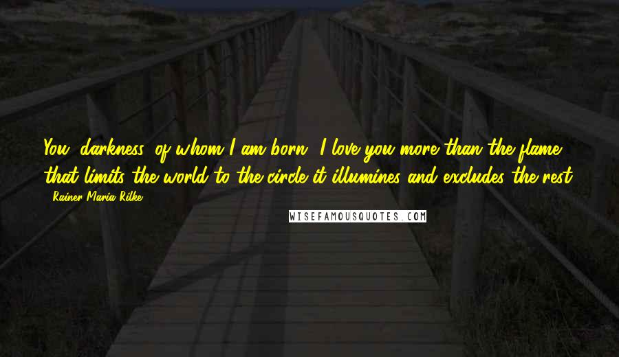 Rainer Maria Rilke Quotes: You, darkness, of whom I am born- I love you more than the flame that limits the world to the circle it illumines and excludes the rest.