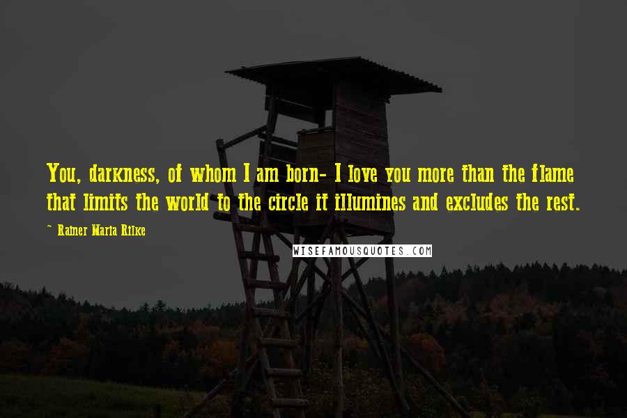 Rainer Maria Rilke Quotes: You, darkness, of whom I am born- I love you more than the flame that limits the world to the circle it illumines and excludes the rest.