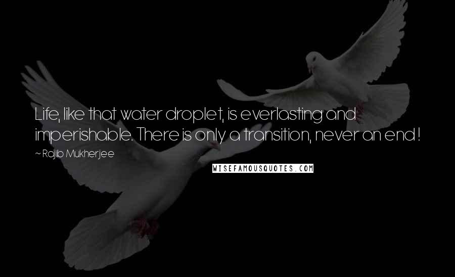 Rajib Mukherjee Quotes: Life, like that water droplet, is everlasting and imperishable. There is only a transition, never an end !