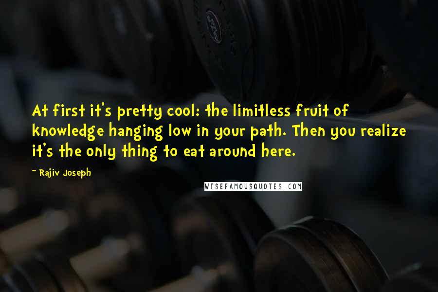 Rajiv Joseph Quotes: At first it's pretty cool: the limitless fruit of knowledge hanging low in your path. Then you realize it's the only thing to eat around here.