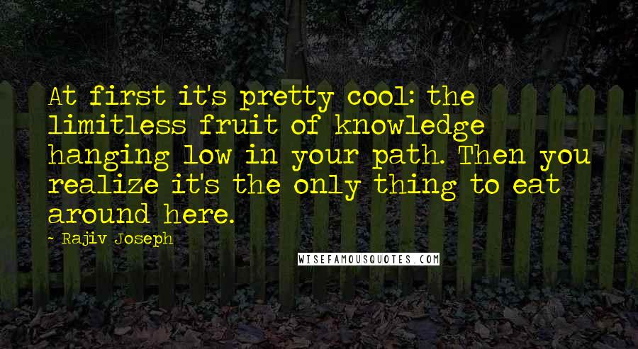 Rajiv Joseph Quotes: At first it's pretty cool: the limitless fruit of knowledge hanging low in your path. Then you realize it's the only thing to eat around here.