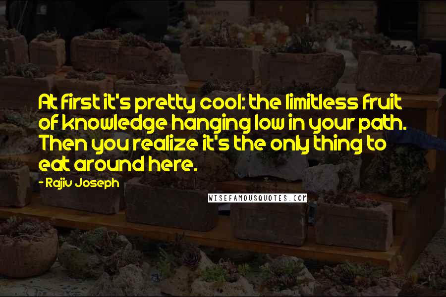 Rajiv Joseph Quotes: At first it's pretty cool: the limitless fruit of knowledge hanging low in your path. Then you realize it's the only thing to eat around here.