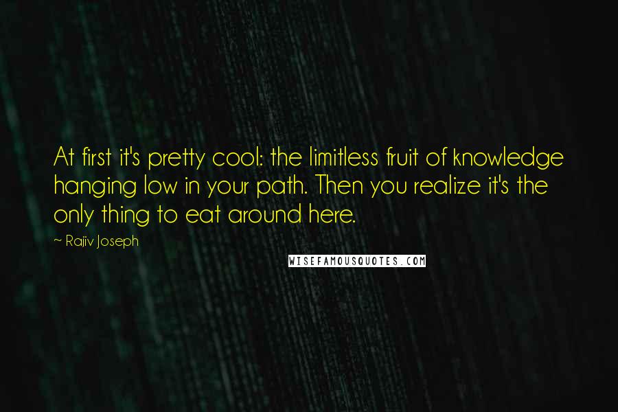 Rajiv Joseph Quotes: At first it's pretty cool: the limitless fruit of knowledge hanging low in your path. Then you realize it's the only thing to eat around here.