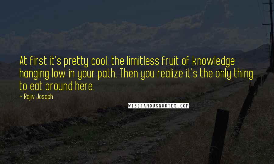 Rajiv Joseph Quotes: At first it's pretty cool: the limitless fruit of knowledge hanging low in your path. Then you realize it's the only thing to eat around here.