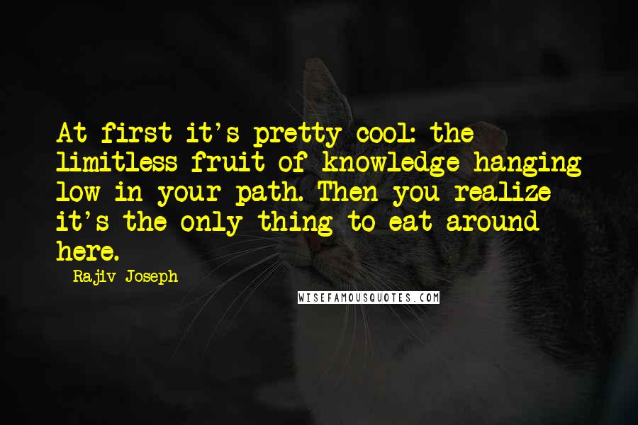 Rajiv Joseph Quotes: At first it's pretty cool: the limitless fruit of knowledge hanging low in your path. Then you realize it's the only thing to eat around here.