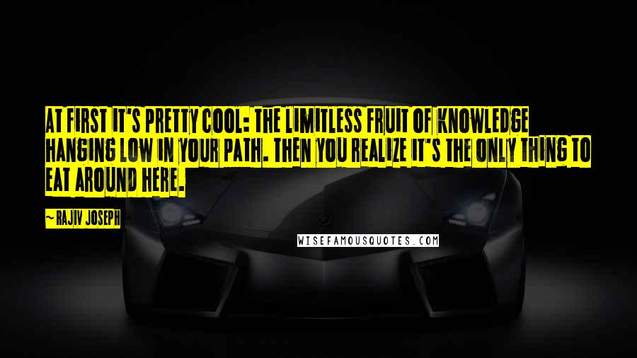 Rajiv Joseph Quotes: At first it's pretty cool: the limitless fruit of knowledge hanging low in your path. Then you realize it's the only thing to eat around here.