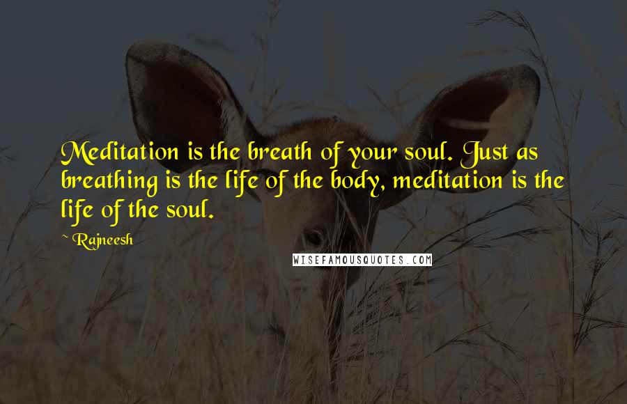 Rajneesh Quotes: Meditation is the breath of your soul. Just as breathing is the life of the body, meditation is the life of the soul.