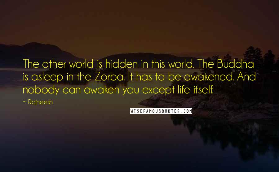 Rajneesh Quotes: The other world is hidden in this world. The Buddha is asleep in the Zorba. It has to be awakened. And nobody can awaken you except life itself.