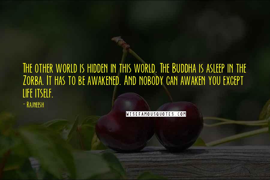 Rajneesh Quotes: The other world is hidden in this world. The Buddha is asleep in the Zorba. It has to be awakened. And nobody can awaken you except life itself.