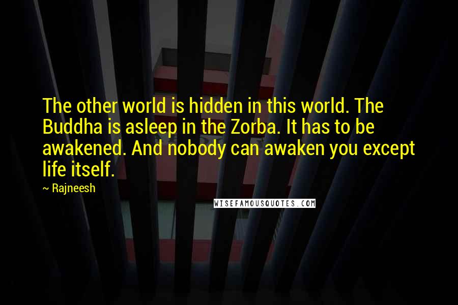 Rajneesh Quotes: The other world is hidden in this world. The Buddha is asleep in the Zorba. It has to be awakened. And nobody can awaken you except life itself.