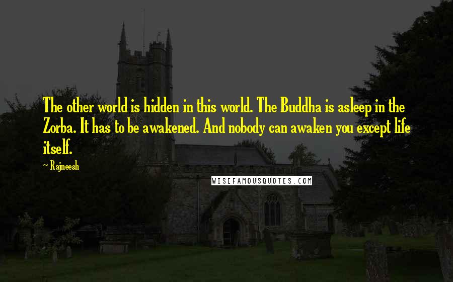 Rajneesh Quotes: The other world is hidden in this world. The Buddha is asleep in the Zorba. It has to be awakened. And nobody can awaken you except life itself.