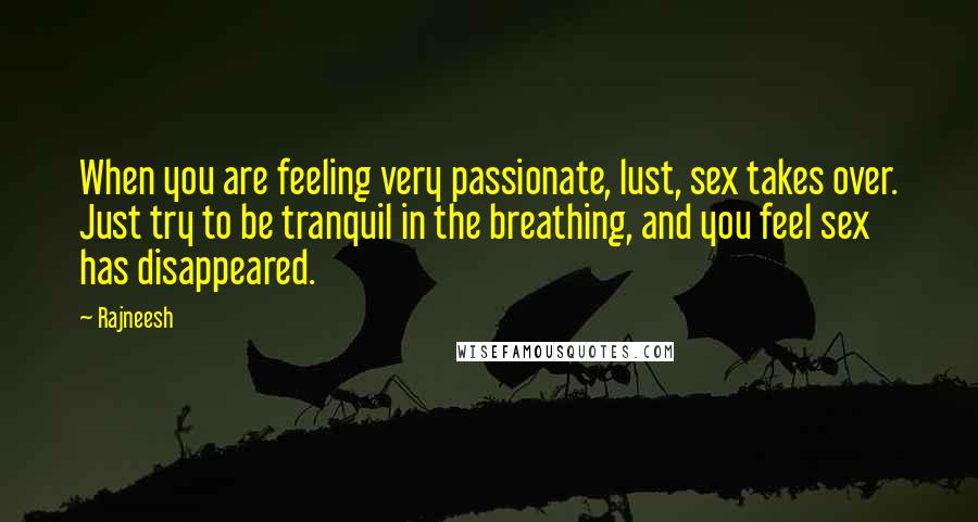 Rajneesh Quotes: When you are feeling very passionate, lust, sex takes over. Just try to be tranquil in the breathing, and you feel sex has disappeared.