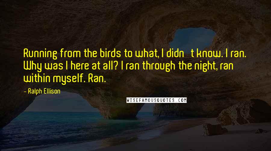 Ralph Ellison Quotes: Running from the birds to what, I didn't know. I ran. Why was I here at all? I ran through the night, ran within myself. Ran.