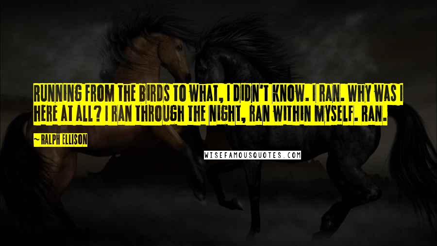 Ralph Ellison Quotes: Running from the birds to what, I didn't know. I ran. Why was I here at all? I ran through the night, ran within myself. Ran.