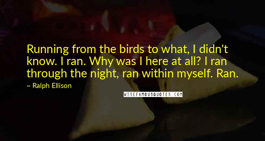 Ralph Ellison Quotes: Running from the birds to what, I didn't know. I ran. Why was I here at all? I ran through the night, ran within myself. Ran.