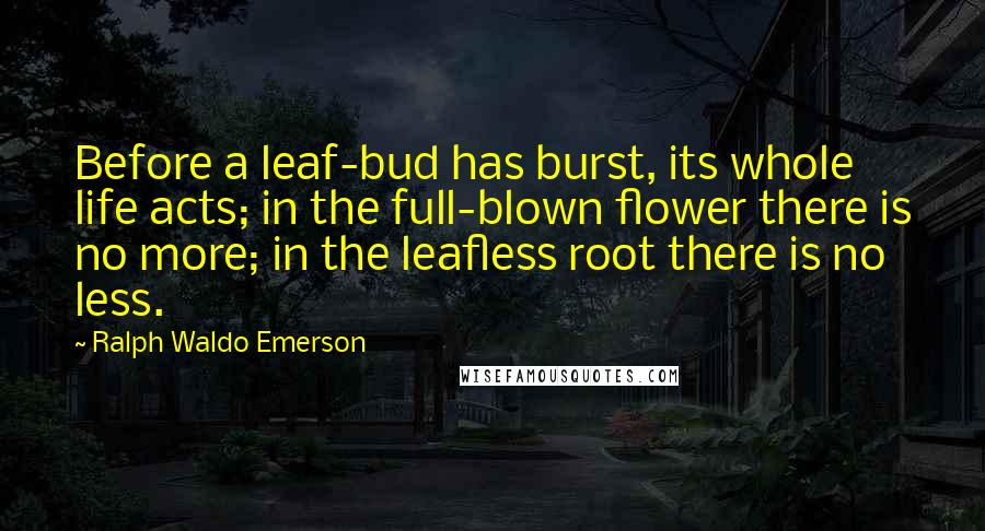 Ralph Waldo Emerson Quotes: Before a leaf-bud has burst, its whole life acts; in the full-blown flower there is no more; in the leafless root there is no less.