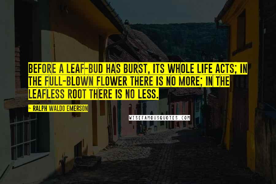 Ralph Waldo Emerson Quotes: Before a leaf-bud has burst, its whole life acts; in the full-blown flower there is no more; in the leafless root there is no less.