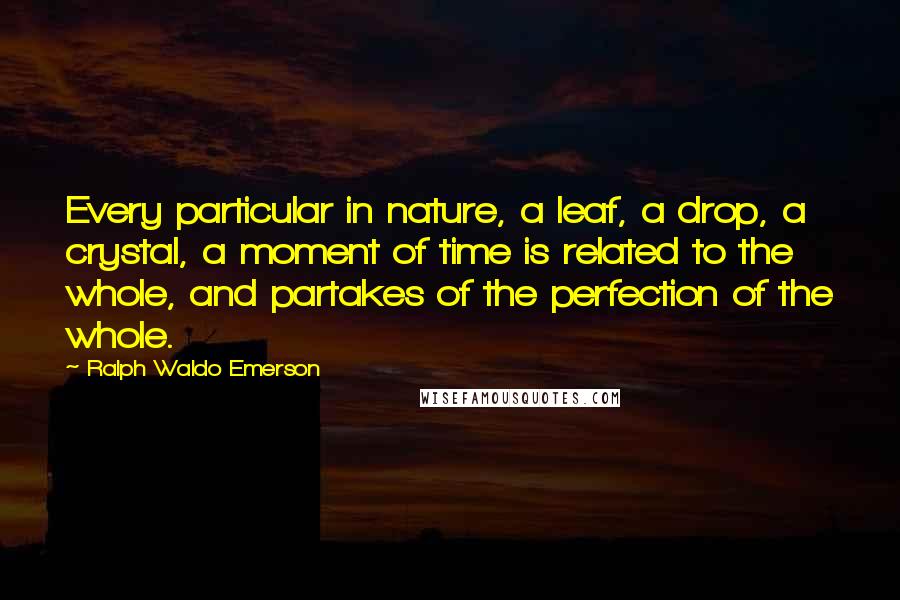 Ralph Waldo Emerson Quotes: Every particular in nature, a leaf, a drop, a crystal, a moment of time is related to the whole, and partakes of the perfection of the whole.