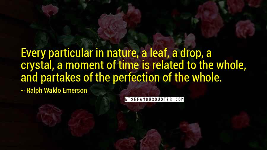 Ralph Waldo Emerson Quotes: Every particular in nature, a leaf, a drop, a crystal, a moment of time is related to the whole, and partakes of the perfection of the whole.