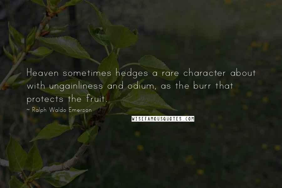 Ralph Waldo Emerson Quotes: Heaven sometimes hedges a rare character about with ungainliness and odium, as the burr that protects the fruit.