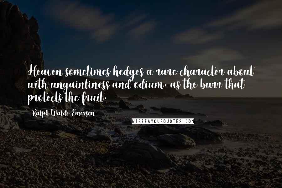 Ralph Waldo Emerson Quotes: Heaven sometimes hedges a rare character about with ungainliness and odium, as the burr that protects the fruit.