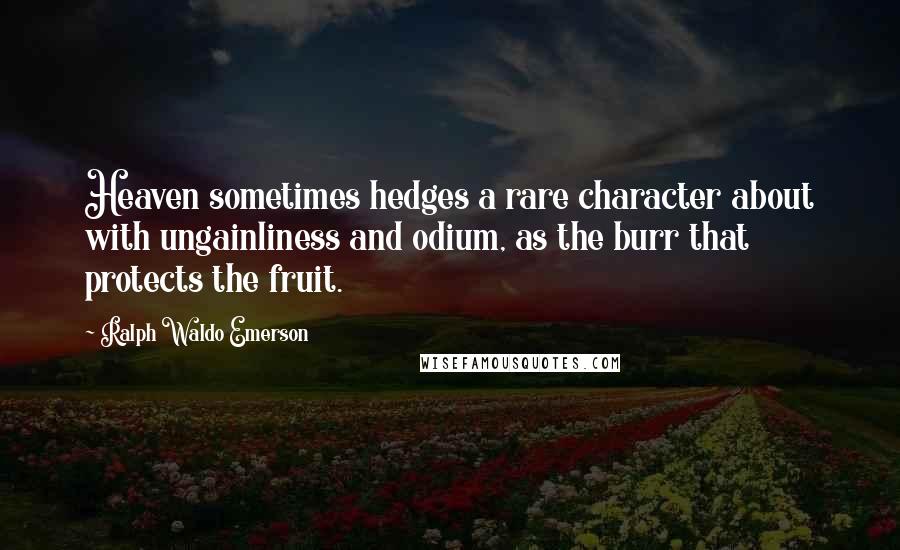 Ralph Waldo Emerson Quotes: Heaven sometimes hedges a rare character about with ungainliness and odium, as the burr that protects the fruit.
