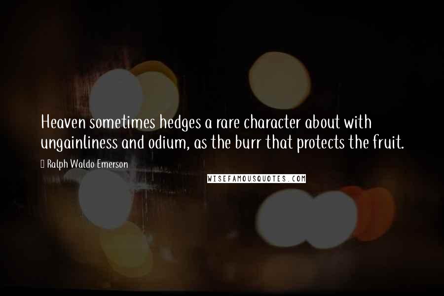 Ralph Waldo Emerson Quotes: Heaven sometimes hedges a rare character about with ungainliness and odium, as the burr that protects the fruit.