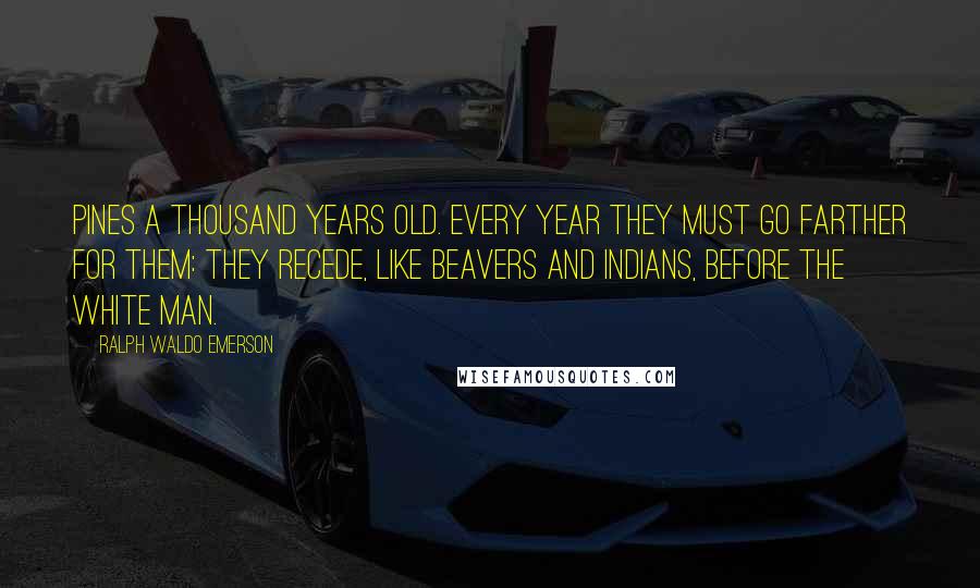 Ralph Waldo Emerson Quotes: Pines a thousand years old. Every year they must go farther for them: they recede, like beavers and Indians, before the white man.