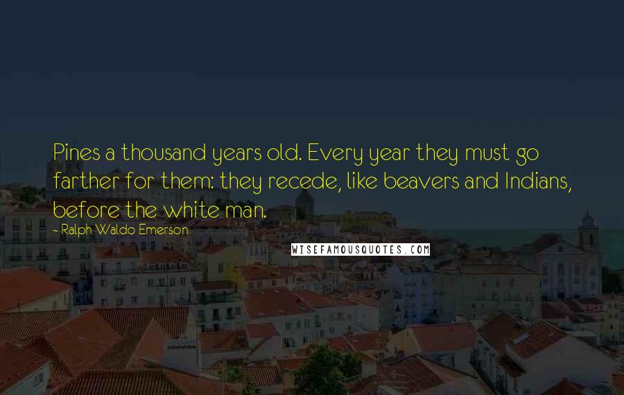 Ralph Waldo Emerson Quotes: Pines a thousand years old. Every year they must go farther for them: they recede, like beavers and Indians, before the white man.