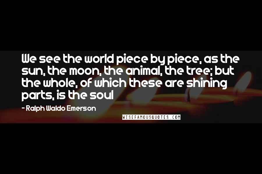 Ralph Waldo Emerson Quotes: We see the world piece by piece, as the sun, the moon, the animal, the tree; but the whole, of which these are shining parts, is the soul
