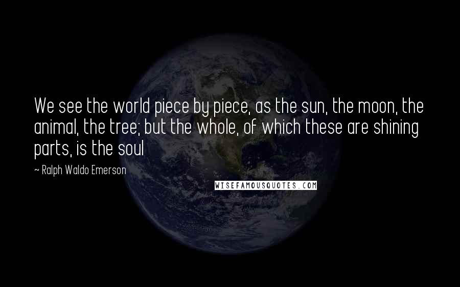 Ralph Waldo Emerson Quotes: We see the world piece by piece, as the sun, the moon, the animal, the tree; but the whole, of which these are shining parts, is the soul