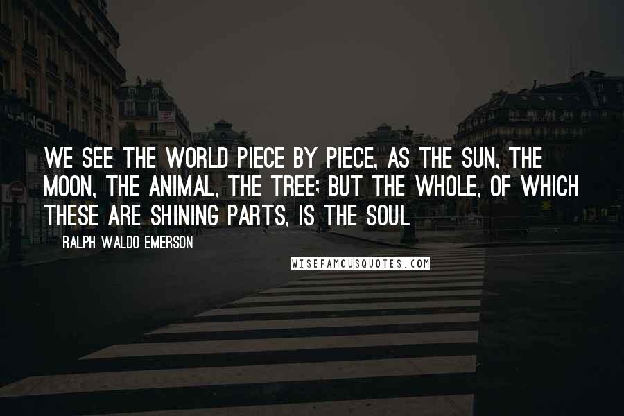 Ralph Waldo Emerson Quotes: We see the world piece by piece, as the sun, the moon, the animal, the tree; but the whole, of which these are shining parts, is the soul