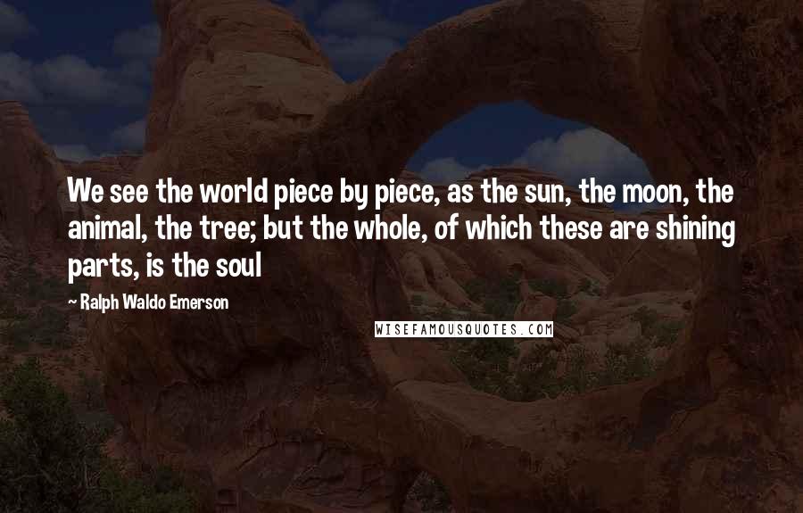 Ralph Waldo Emerson Quotes: We see the world piece by piece, as the sun, the moon, the animal, the tree; but the whole, of which these are shining parts, is the soul