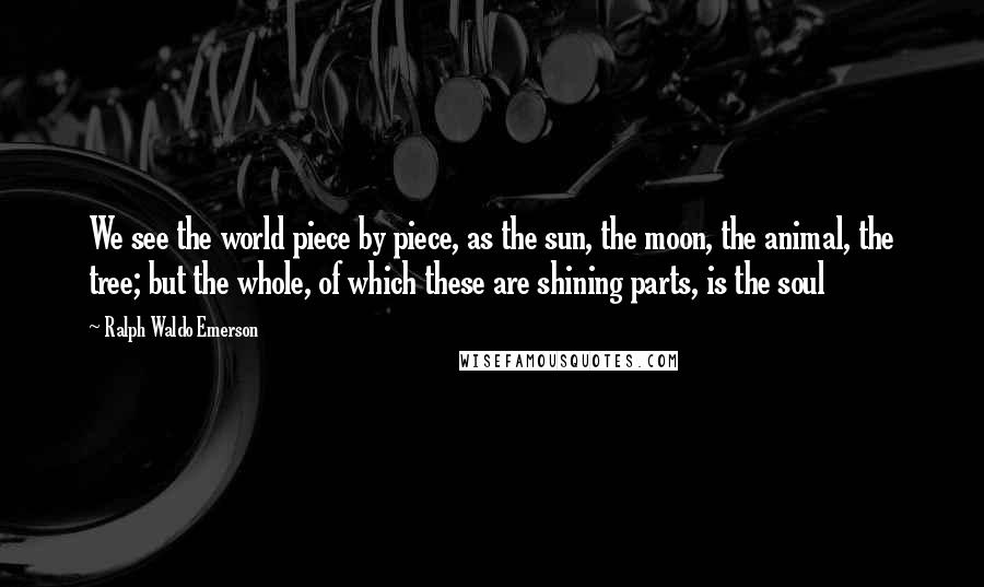 Ralph Waldo Emerson Quotes: We see the world piece by piece, as the sun, the moon, the animal, the tree; but the whole, of which these are shining parts, is the soul