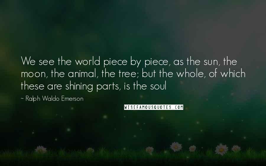 Ralph Waldo Emerson Quotes: We see the world piece by piece, as the sun, the moon, the animal, the tree; but the whole, of which these are shining parts, is the soul