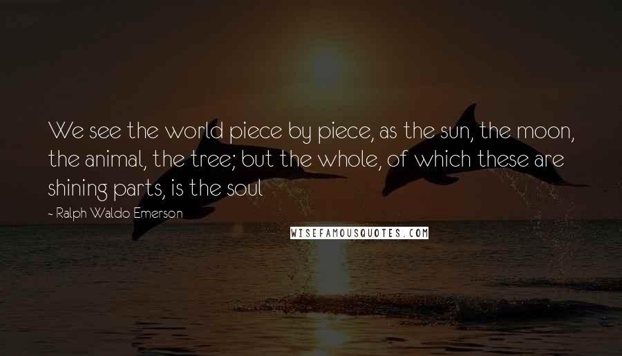 Ralph Waldo Emerson Quotes: We see the world piece by piece, as the sun, the moon, the animal, the tree; but the whole, of which these are shining parts, is the soul