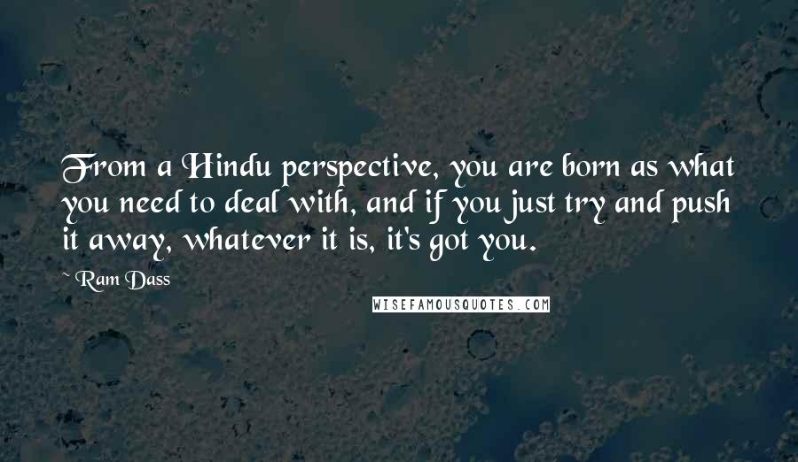 Ram Dass Quotes: From a Hindu perspective, you are born as what you need to deal with, and if you just try and push it away, whatever it is, it's got you.