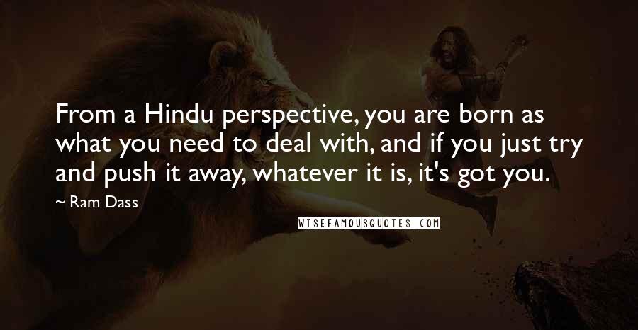 Ram Dass Quotes: From a Hindu perspective, you are born as what you need to deal with, and if you just try and push it away, whatever it is, it's got you.