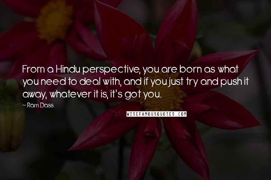 Ram Dass Quotes: From a Hindu perspective, you are born as what you need to deal with, and if you just try and push it away, whatever it is, it's got you.