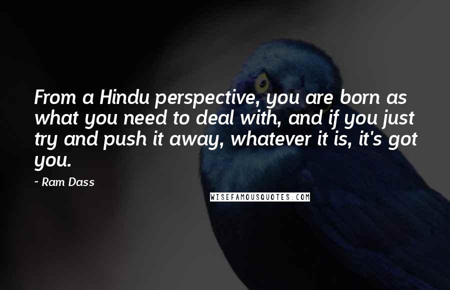 Ram Dass Quotes: From a Hindu perspective, you are born as what you need to deal with, and if you just try and push it away, whatever it is, it's got you.