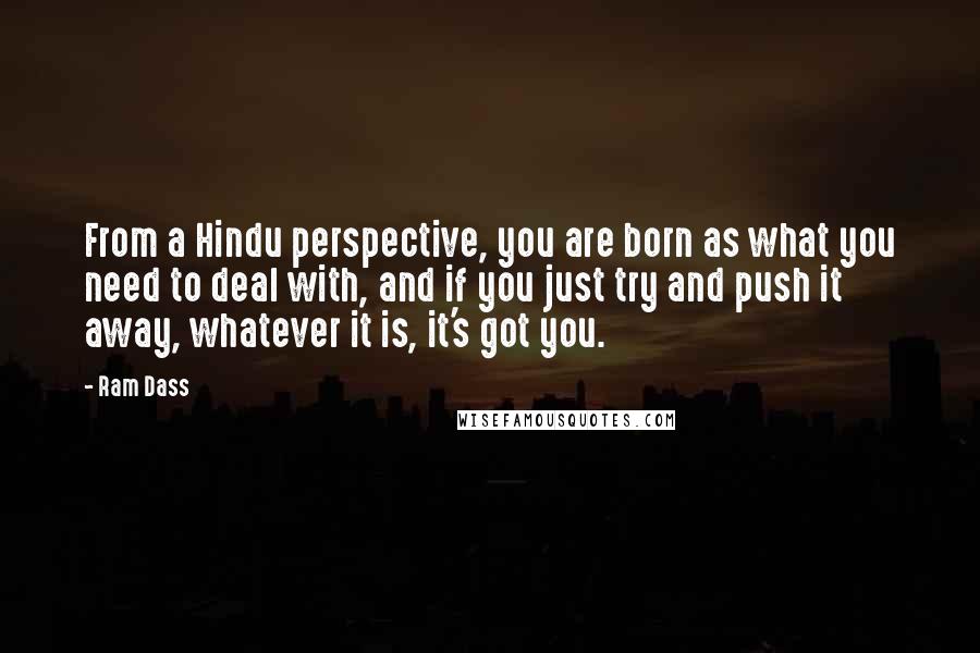 Ram Dass Quotes: From a Hindu perspective, you are born as what you need to deal with, and if you just try and push it away, whatever it is, it's got you.