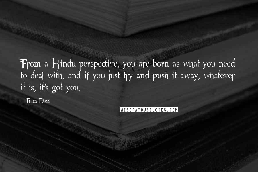 Ram Dass Quotes: From a Hindu perspective, you are born as what you need to deal with, and if you just try and push it away, whatever it is, it's got you.