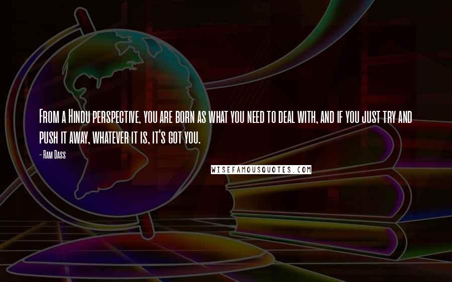 Ram Dass Quotes: From a Hindu perspective, you are born as what you need to deal with, and if you just try and push it away, whatever it is, it's got you.