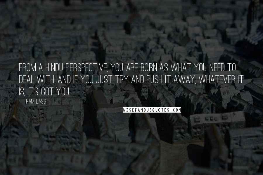 Ram Dass Quotes: From a Hindu perspective, you are born as what you need to deal with, and if you just try and push it away, whatever it is, it's got you.