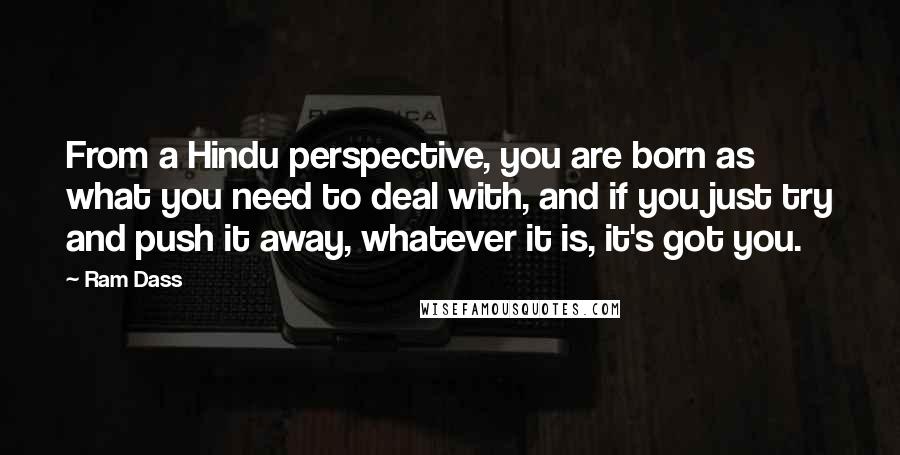 Ram Dass Quotes: From a Hindu perspective, you are born as what you need to deal with, and if you just try and push it away, whatever it is, it's got you.