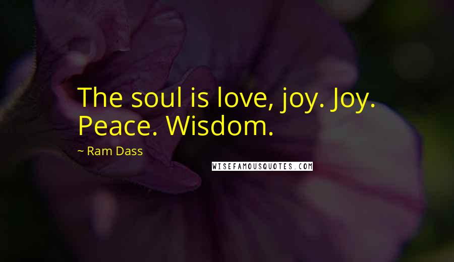 Ram Dass Quotes: The soul is love, joy. Joy. Peace. Wisdom.